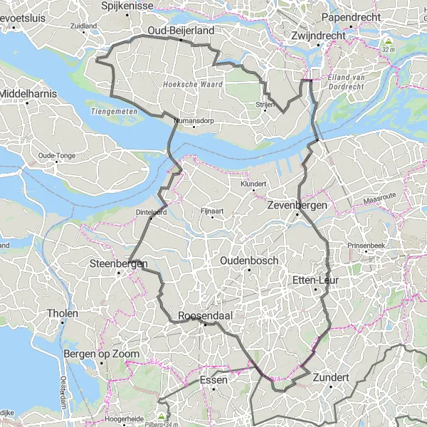 Map miniature of "Westmaas and Roosendaal Loop" cycling inspiration in Zuid-Holland, Netherlands. Generated by Tarmacs.app cycling route planner