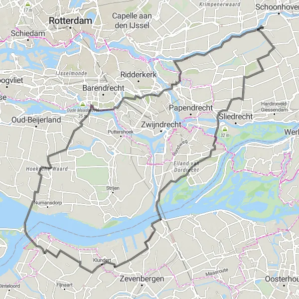 Miniatuurkaart van de fietsinspiratie "Polders en Rivieren Route" in Zuid-Holland, Netherlands. Gemaakt door de Tarmacs.app fietsrouteplanner