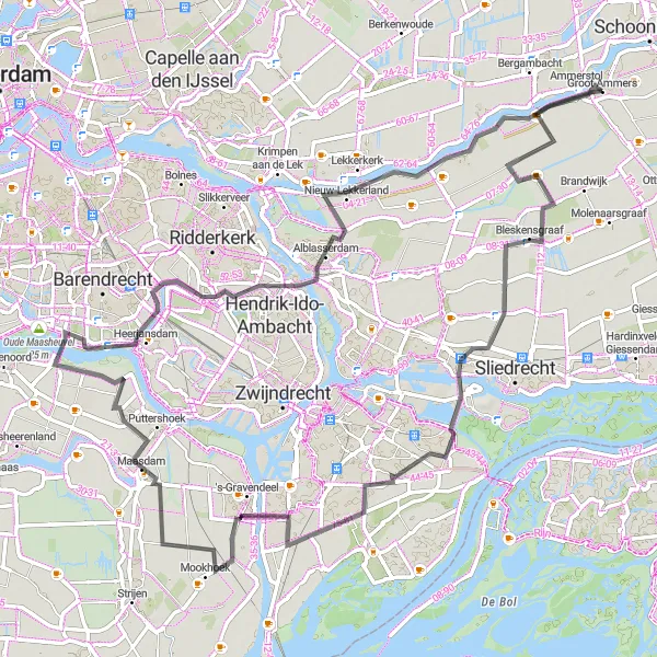 Miniatuurkaart van de fietsinspiratie "Rondje Groot-Ammers via Maasdam en Alblasserdam" in Zuid-Holland, Netherlands. Gemaakt door de Tarmacs.app fietsrouteplanner
