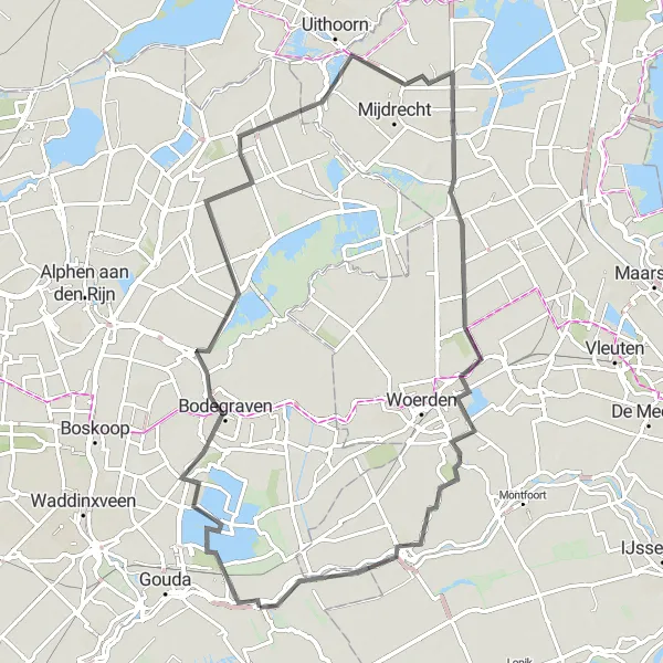 Map miniature of "Bodegraven - Oudewater Loop" cycling inspiration in Zuid-Holland, Netherlands. Generated by Tarmacs.app cycling route planner