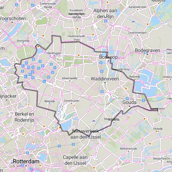 Map miniature of "Haastrecht and Nieuwerkerk aan den IJssel Loop" cycling inspiration in Zuid-Holland, Netherlands. Generated by Tarmacs.app cycling route planner