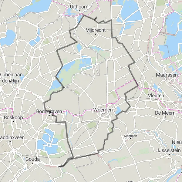 Map miniature of "Haastrecht - Oudewater - Nieuwkoop Loop" cycling inspiration in Zuid-Holland, Netherlands. Generated by Tarmacs.app cycling route planner