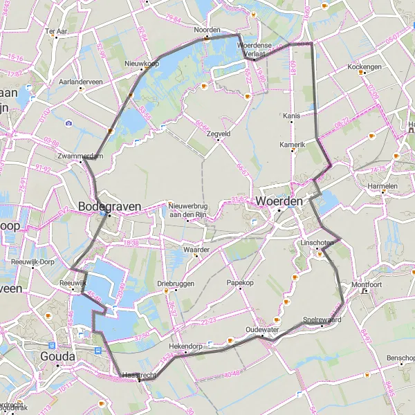 Miniatuurkaart van de fietsinspiratie "Fietsen rond Haastrecht langs Bodegraven en Oudewater" in Zuid-Holland, Netherlands. Gemaakt door de Tarmacs.app fietsrouteplanner