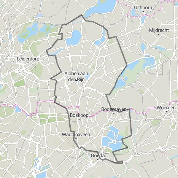 Miniatuurkaart van de fietsinspiratie "Landelijk fietsen tussen Gouda en Leimuiden" in Zuid-Holland, Netherlands. Gemaakt door de Tarmacs.app fietsrouteplanner