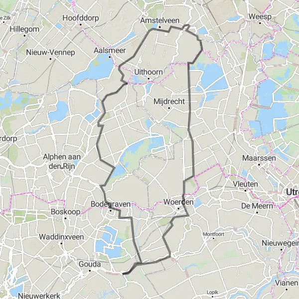 Map miniature of "Haastrecht and Ouderkerk aan de Amstel Loop" cycling inspiration in Zuid-Holland, Netherlands. Generated by Tarmacs.app cycling route planner