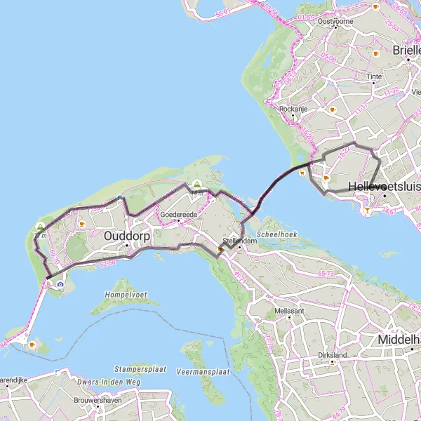 Map miniature of "Hellevoetsluis to Nieuwenhoorn" cycling inspiration in Zuid-Holland, Netherlands. Generated by Tarmacs.app cycling route planner