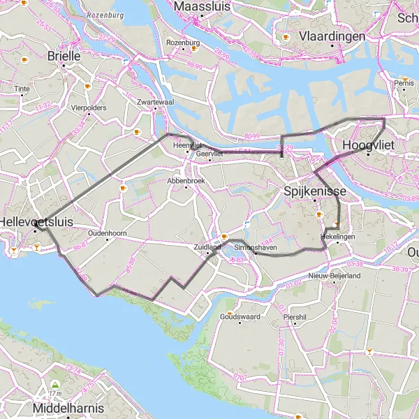 Map miniature of "Hellevoetsluis to Simonshaven" cycling inspiration in Zuid-Holland, Netherlands. Generated by Tarmacs.app cycling route planner