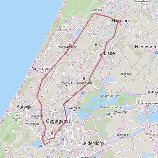 Miniatuurkaart van de fietsinspiratie "Gravel Fietsroute naar de Bloeiende Bollenvelden" in Zuid-Holland, Netherlands. Gemaakt door de Tarmacs.app fietsrouteplanner