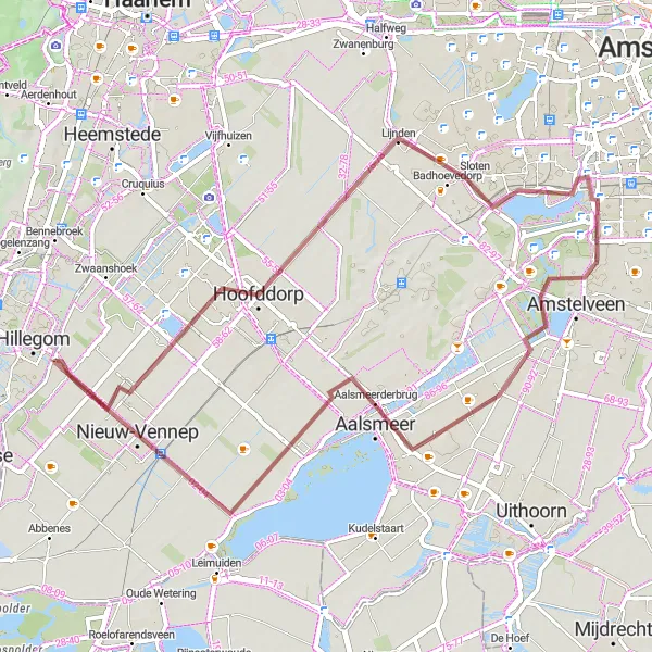 Map miniature of "Hillegom to Aalsmeer Cycling Route" cycling inspiration in Zuid-Holland, Netherlands. Generated by Tarmacs.app cycling route planner