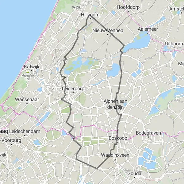 Map miniature of "Hidden Gems of Hillegom" cycling inspiration in Zuid-Holland, Netherlands. Generated by Tarmacs.app cycling route planner