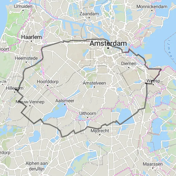 Map miniature of "Amsterdam Loop" cycling inspiration in Zuid-Holland, Netherlands. Generated by Tarmacs.app cycling route planner