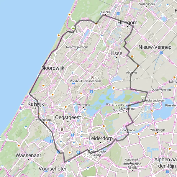 Map miniature of "Hillegom to Katwijk Cycling Route" cycling inspiration in Zuid-Holland, Netherlands. Generated by Tarmacs.app cycling route planner