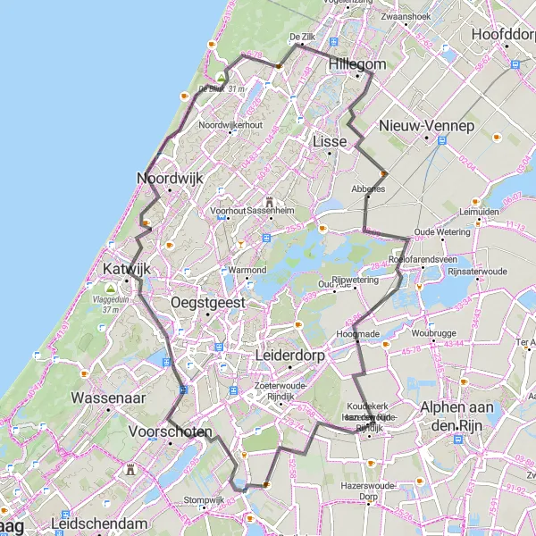Map miniature of "Countryside Adventure from Hillegom" cycling inspiration in Zuid-Holland, Netherlands. Generated by Tarmacs.app cycling route planner