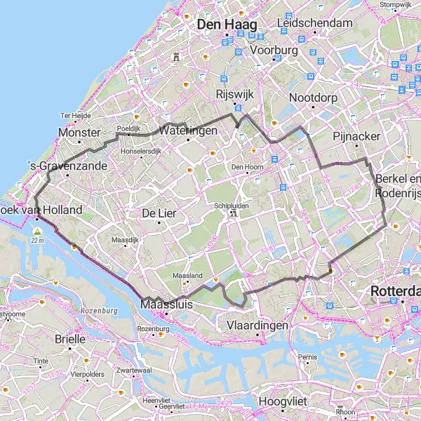 Map miniature of "Hoek van Holland to Maassluis Tour" cycling inspiration in Zuid-Holland, Netherlands. Generated by Tarmacs.app cycling route planner