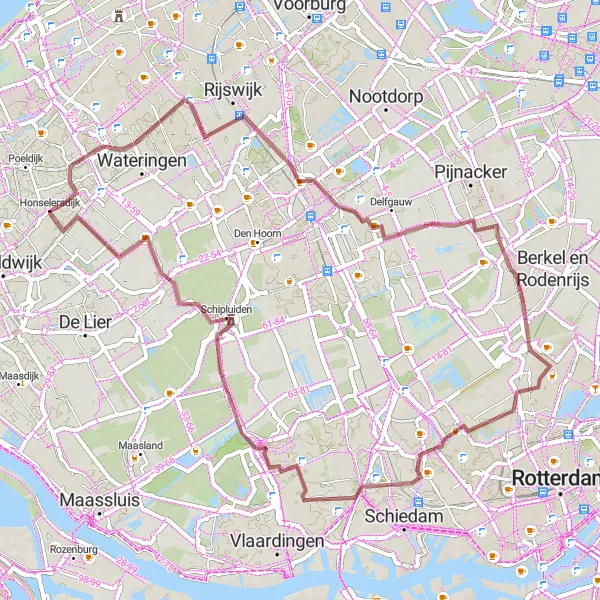 Miniatuurkaart van de fietsinspiratie "Graveltocht langs Delft en Schiebroek" in Zuid-Holland, Netherlands. Gemaakt door de Tarmacs.app fietsrouteplanner