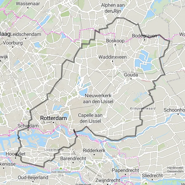 Miniatuurkaart van de fietsinspiratie "Schiedam naar Kinderdijk" in Zuid-Holland, Netherlands. Gemaakt door de Tarmacs.app fietsrouteplanner