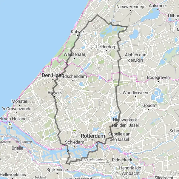 Miniatuurkaart van de fietsinspiratie "Kust en Steden Tour" in Zuid-Holland, Netherlands. Gemaakt door de Tarmacs.app fietsrouteplanner