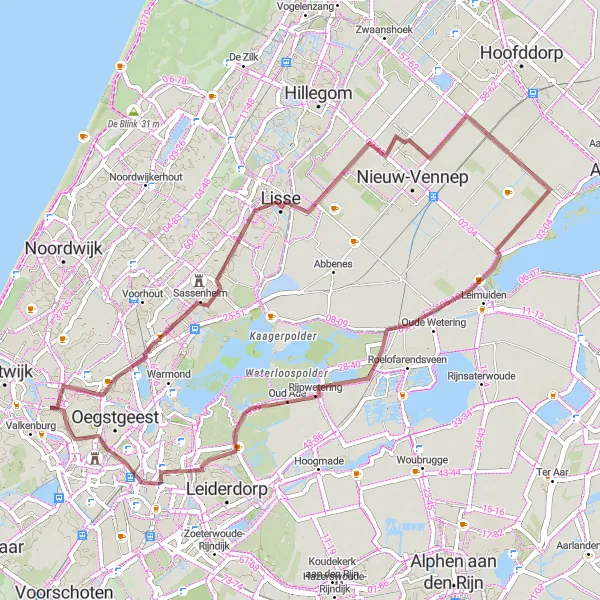 Map miniature of "Tulip Fields Gravel Tour" cycling inspiration in Zuid-Holland, Netherlands. Generated by Tarmacs.app cycling route planner