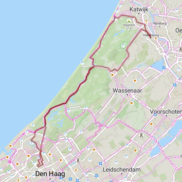 Map miniature of "Dunes and Beach Gravel Challenge" cycling inspiration in Zuid-Holland, Netherlands. Generated by Tarmacs.app cycling route planner