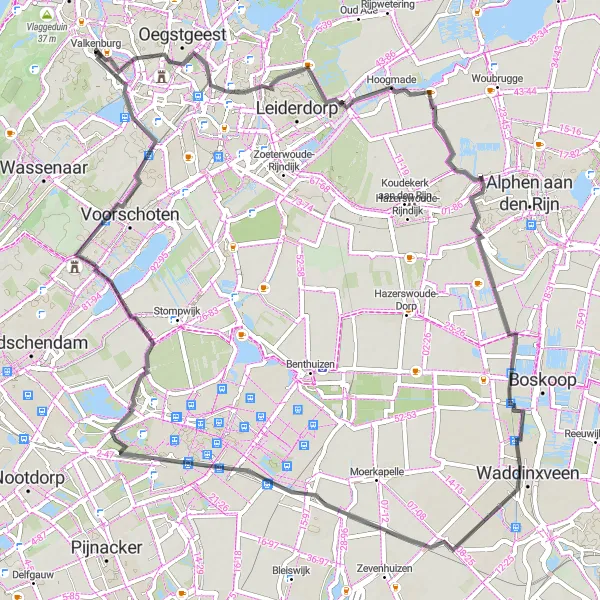 Miniatuurkaart van de fietsinspiratie "Wegroute langs Kruisweg en Lasergame Katwijk" in Zuid-Holland, Netherlands. Gemaakt door de Tarmacs.app fietsrouteplanner