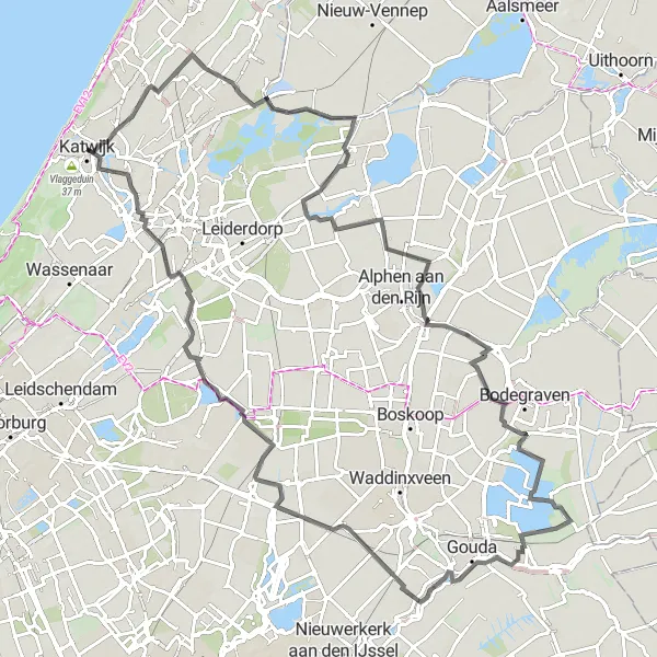 Map miniature of "Katwijk to Moordrecht" cycling inspiration in Zuid-Holland, Netherlands. Generated by Tarmacs.app cycling route planner