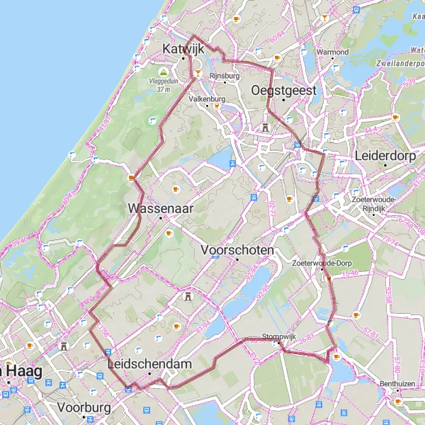 Miniatuurkaart van de fietsinspiratie "Gravelroute Katwijk aan Zee" in Zuid-Holland, Netherlands. Gemaakt door de Tarmacs.app fietsrouteplanner