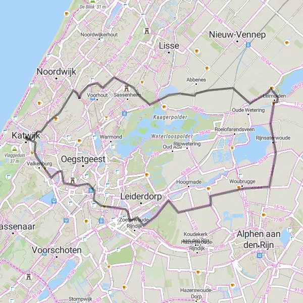 Miniatuurkaart van de fietsinspiratie "Van Katwijk naar Teylingen en terug" in Zuid-Holland, Netherlands. Gemaakt door de Tarmacs.app fietsrouteplanner