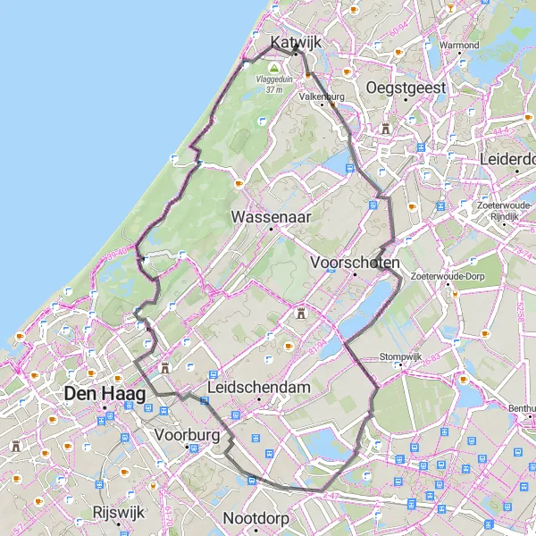 Map miniature of "Coastal Road Cycling" cycling inspiration in Zuid-Holland, Netherlands. Generated by Tarmacs.app cycling route planner