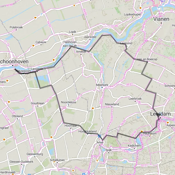 Map miniature of "Leerdam to Schoonhoven Road Cycling Route" cycling inspiration in Zuid-Holland, Netherlands. Generated by Tarmacs.app cycling route planner