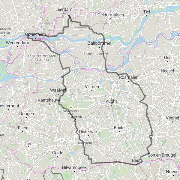 Map miniature of "Leerdam to Gorinchem Road Cycling Route" cycling inspiration in Zuid-Holland, Netherlands. Generated by Tarmacs.app cycling route planner