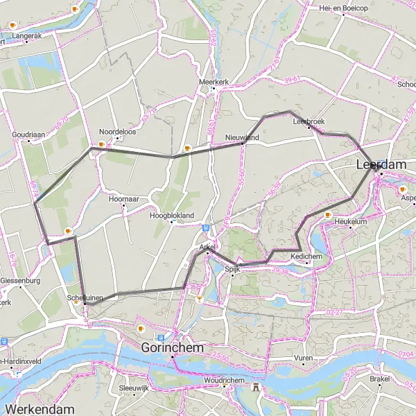 Map miniature of "Leerdam to Heukelum Loop" cycling inspiration in Zuid-Holland, Netherlands. Generated by Tarmacs.app cycling route planner