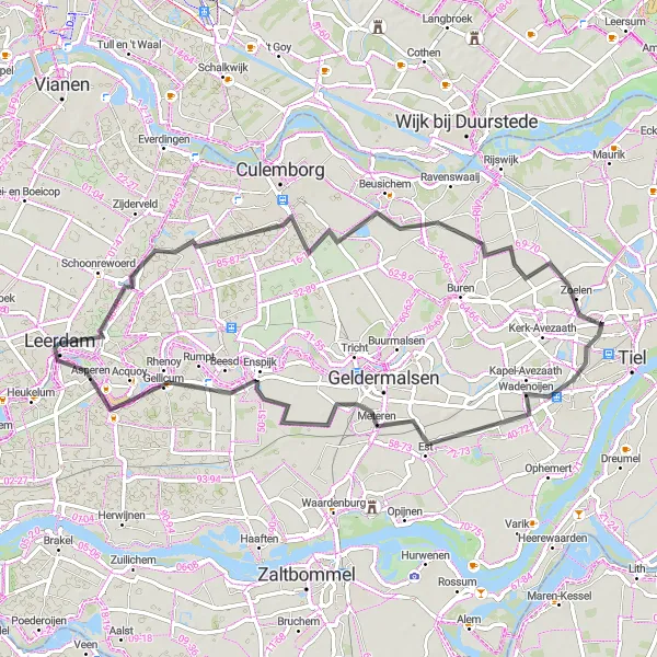 Map miniature of "Leerdam to Beusichem Loop" cycling inspiration in Zuid-Holland, Netherlands. Generated by Tarmacs.app cycling route planner