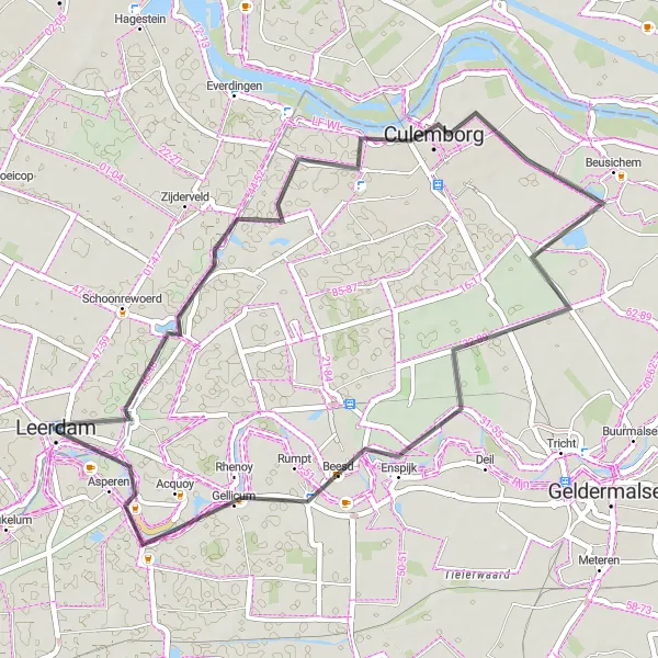 Map miniature of "Leerdam to Culemborg Loop" cycling inspiration in Zuid-Holland, Netherlands. Generated by Tarmacs.app cycling route planner