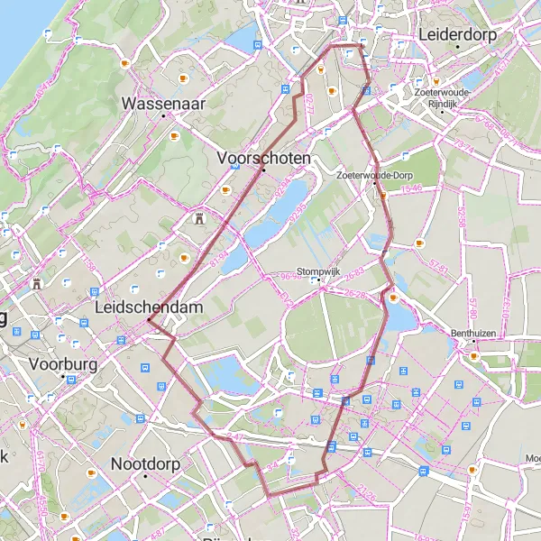 Map miniature of "Gravel Adventure near Leiden" cycling inspiration in Zuid-Holland, Netherlands. Generated by Tarmacs.app cycling route planner