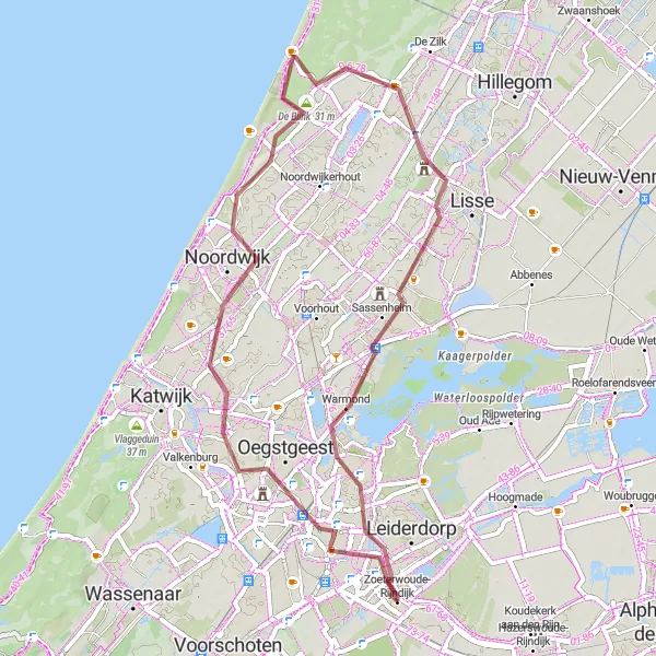 Miniatuurkaart van de fietsinspiratie "Bloemen en molens route" in Zuid-Holland, Netherlands. Gemaakt door de Tarmacs.app fietsrouteplanner