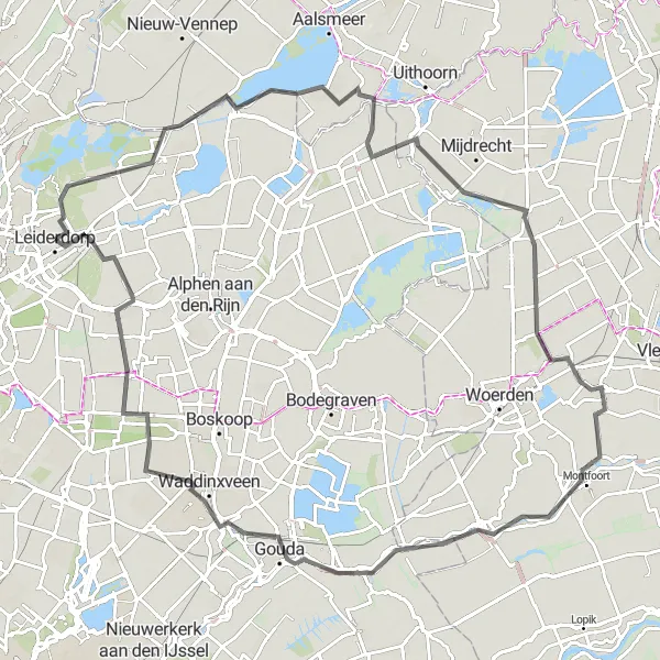 Miniatuurkaart van de fietsinspiratie "Rondje Gouda en omgeving" in Zuid-Holland, Netherlands. Gemaakt door de Tarmacs.app fietsrouteplanner