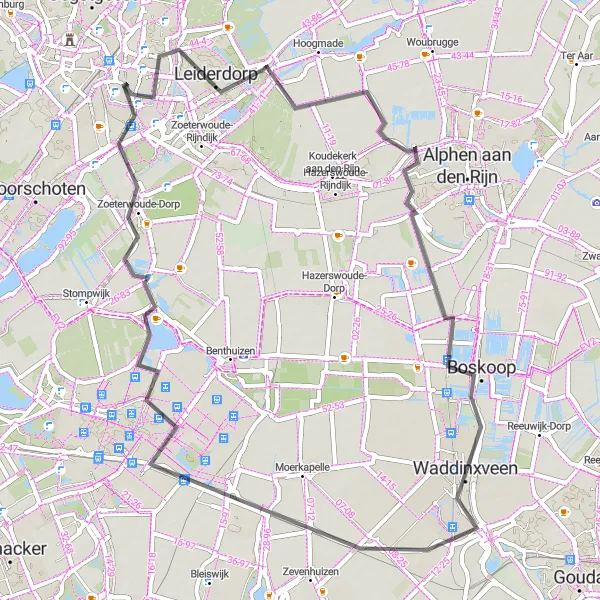 Map miniature of "Leiden to Boskoop Road Cycling Route" cycling inspiration in Zuid-Holland, Netherlands. Generated by Tarmacs.app cycling route planner