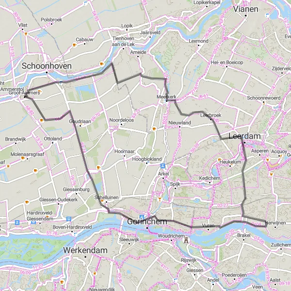 Miniatuurkaart van de fietsinspiratie "Leerdam en Gorinchem Fietsroute" in Zuid-Holland, Netherlands. Gemaakt door de Tarmacs.app fietsrouteplanner