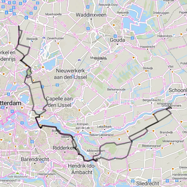Map miniature of "Exploring Groot-Ammers, Bolnes, and Nieuw-Terbregge" cycling inspiration in Zuid-Holland, Netherlands. Generated by Tarmacs.app cycling route planner