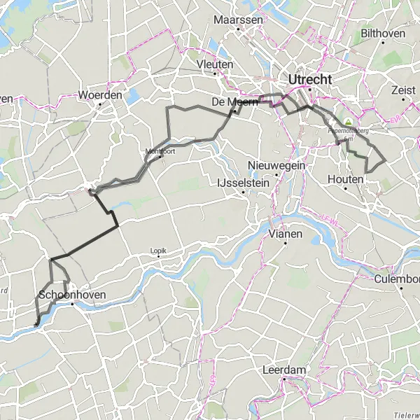 Miniatuurkaart van de fietsinspiratie "Rivierenland Verkenningstocht" in Zuid-Holland, Netherlands. Gemaakt door de Tarmacs.app fietsrouteplanner