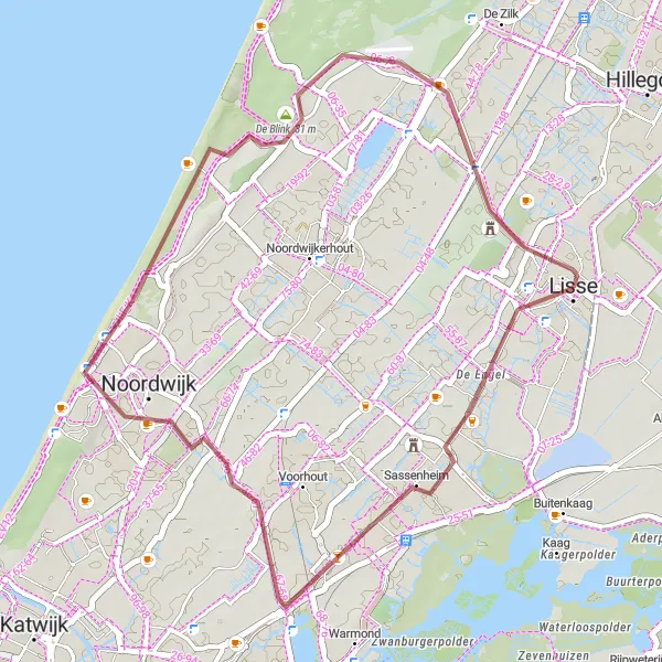 Map miniature of "Coastal Gravel Escape" cycling inspiration in Zuid-Holland, Netherlands. Generated by Tarmacs.app cycling route planner