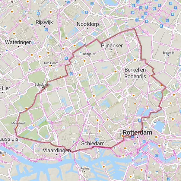 Map miniature of "Maasland Gravel Bike Adventure" cycling inspiration in Zuid-Holland, Netherlands. Generated by Tarmacs.app cycling route planner