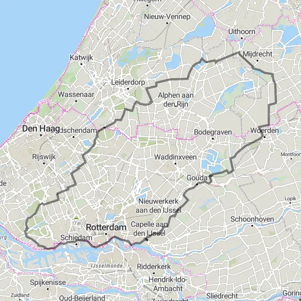 Map miniature of "Historical Dutch Towns" cycling inspiration in Zuid-Holland, Netherlands. Generated by Tarmacs.app cycling route planner