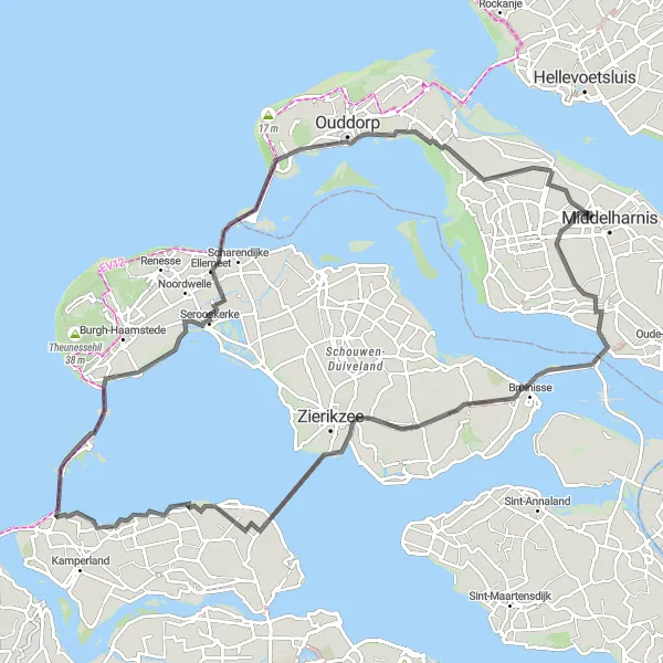 Map miniature of "Island Explorations and Coastal Charms" cycling inspiration in Zuid-Holland, Netherlands. Generated by Tarmacs.app cycling route planner