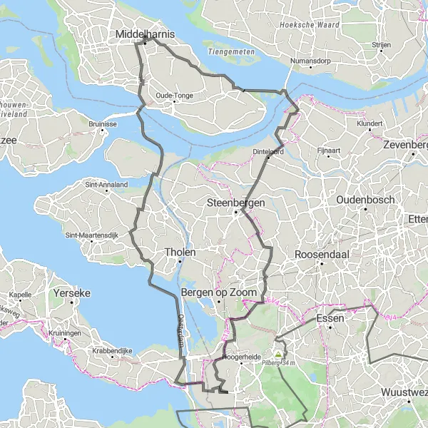 Miniatuurkaart van de fietsinspiratie "Fietsen langs de Oosterschelde" in Zuid-Holland, Netherlands. Gemaakt door de Tarmacs.app fietsrouteplanner
