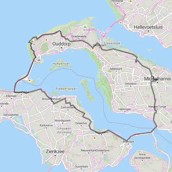 Miniatuurkaart van de fietsinspiratie "Rondje Middelharnis - Route langs Nieuwe-Tonge en Stellendam" in Zuid-Holland, Netherlands. Gemaakt door de Tarmacs.app fietsrouteplanner