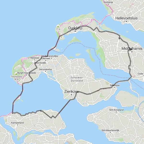 Map miniature of "Bridge Crossings and Coastal Treasures" cycling inspiration in Zuid-Holland, Netherlands. Generated by Tarmacs.app cycling route planner