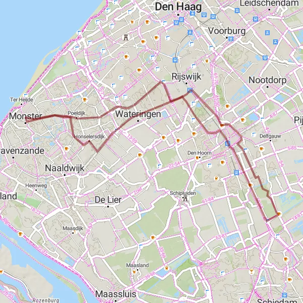 Map miniature of "Monster to Wateringen Gravel Route" cycling inspiration in Zuid-Holland, Netherlands. Generated by Tarmacs.app cycling route planner