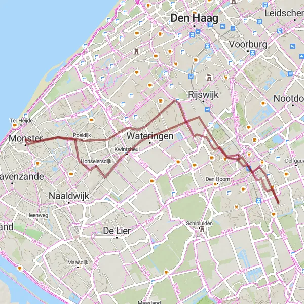 Map miniature of "Monster to Wateringen Gravel Route" cycling inspiration in Zuid-Holland, Netherlands. Generated by Tarmacs.app cycling route planner