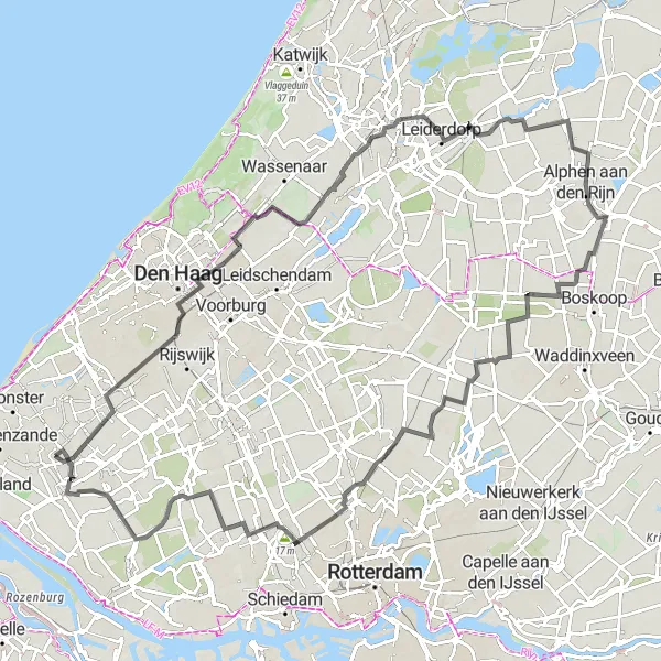 Map miniature of "Scenic Road Cycling through Zuid-Holland" cycling inspiration in Zuid-Holland, Netherlands. Generated by Tarmacs.app cycling route planner